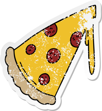 Bir insan tarafından çizilmiş garip bir pizza diliminin sıkıntılı çıkartması.