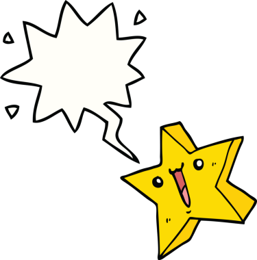 Bir insan tarafından çizilmiş konuşma balonu olan mutlu bir çizgi film yıldızı.