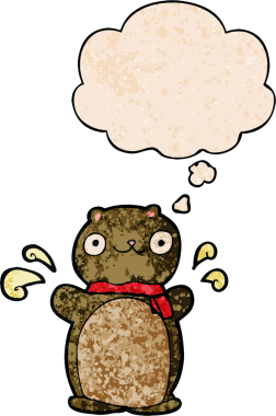 Bir insan tarafından çizilmiş grunge desenli düşünce baloncuğu olan mutlu çizgi film ayısı.