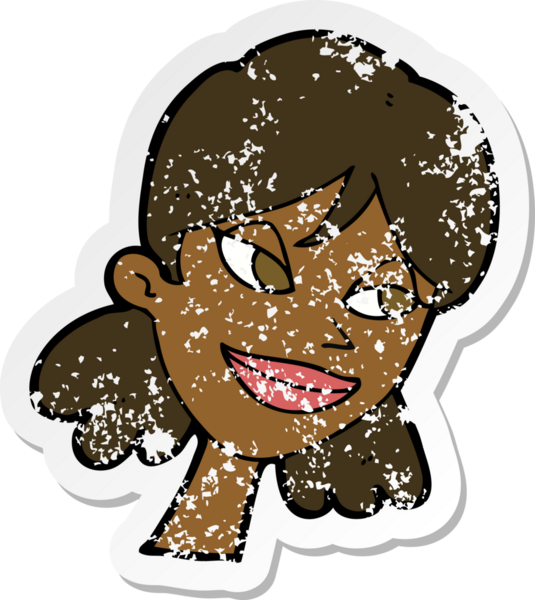 Bir insan tarafından çizilmiş mutlu kadın yüzü karikatürünün gerilimli retro yapıştırması