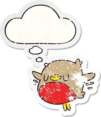 Düşünce baloncuklu çizgi film noel robini bir insan tarafından çizilmiş yıpranmış bir çıkartma.