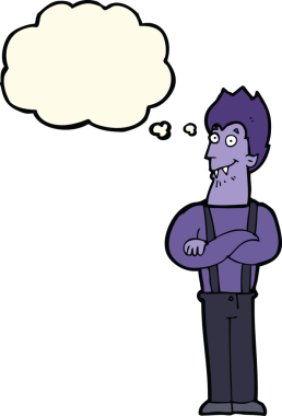 Bir insan tarafından çizilmiş düşünce balonlu mutlu vampir çizgi filmi.