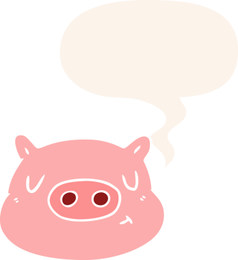 Bir insan tarafından çizilmiş eski moda konuşma baloncuğu olan domuz suratlı çizgi film.