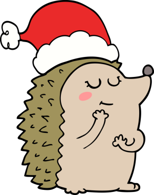 Bir insan tarafından çizilmiş Noel şapkası takan kirpi çizgi filmi.