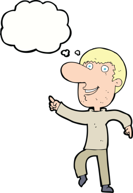 Bir insan tarafından çizilmiş düşünce baloncuğuyla dans eden mutlu adam çizgi filmi.