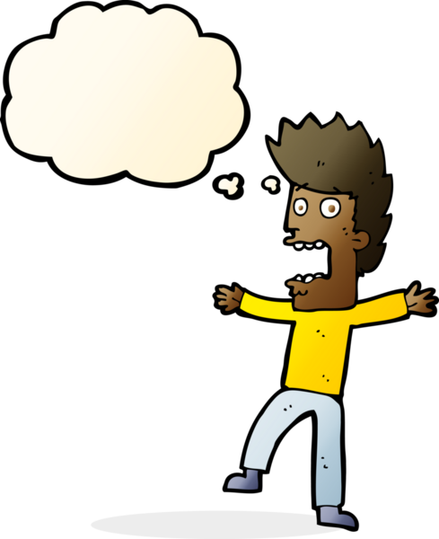 Bir insan tarafından çizilmiş düşünce baloncuğuyla dehşete düşmüş bir adam.