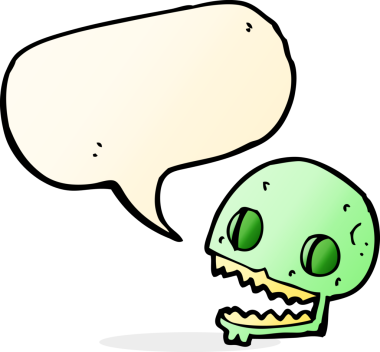 Bir insan tarafından çizilmiş konuşma baloncuğu olan karikatürümsü kafatası.