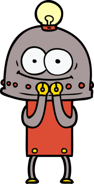 Bir insan tarafından çizilmiş ampullü mutlu karton robot.