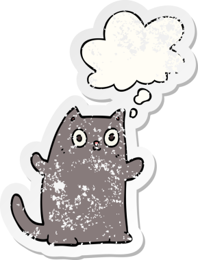 Düşünce baloncuğu olan çizgi film kedisi insan tarafından çizilmiş yıpranmış bir çıkartma.