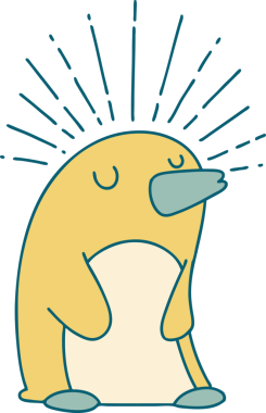 Bir insan tarafından çizilmiş geleneksel dövme stili mutlu penguen çizimi