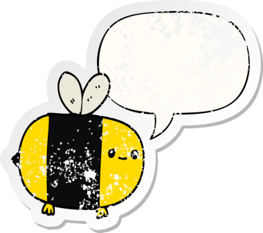 Konuşma baloncuğu olan sevimli çizgi film arısı bir insan tarafından çizilmiş sıkıntılı eski bir çıkartma