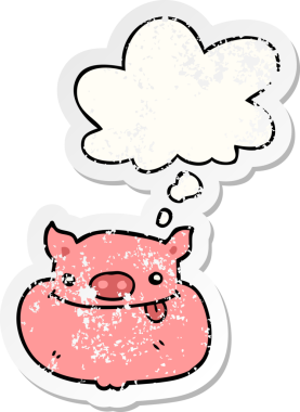 Mutlu domuz suratlı karikatür. Düşünce baloncuklu. Üzüntülü bir çıkartma.