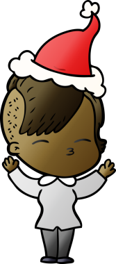 Bir insan tarafından çizilmiş Noel Baba şapkası giyen şaşı bir kızın el çizimi karikatürü.