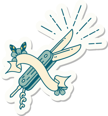 Bir insan tarafından çizilmiş dövme stili katlanır bıçak çıkartması.