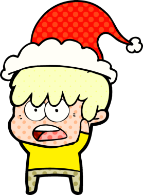 Endişeli el çizimi çizgi roman stili Noel Baba şapkası takan bir çocuğun bir insan tarafından çizilmiş resmi.