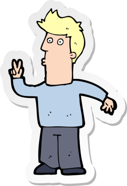 Bir insan tarafından çizilmiş barış işareti veren bir çizgi film karakterinin çıkartması.