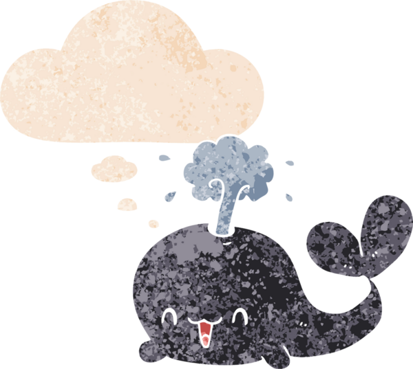 Düşünce baloncuklu çizgi film balinası grunge sıkıntılı retro dokulu bir insan tarafından çizilmiş