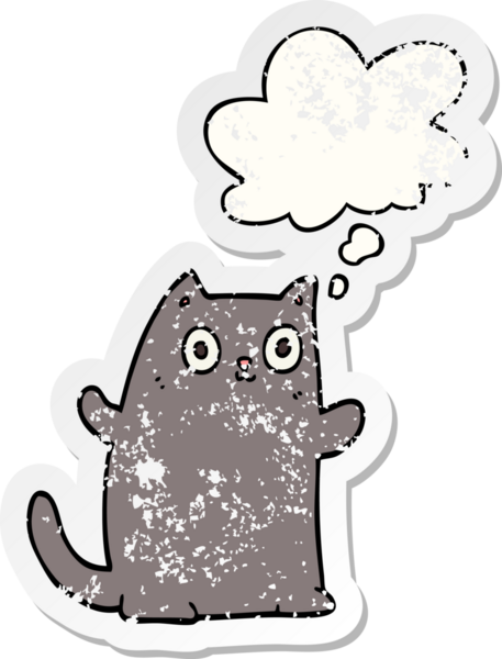 Düşünce baloncuğu olan çizgi film kedisi insan tarafından çizilmiş yıpranmış bir çıkartma.