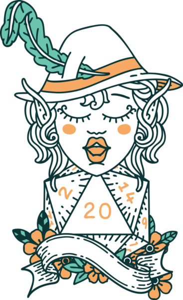 Retro Dövme Tarzı Elf Ozanı Bir insan tarafından çizilmiş doğal yirmi zar atışıyla