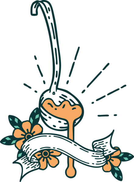 Bir insan tarafından çizilmiş, dövmeli sos kepçeli parşömen.