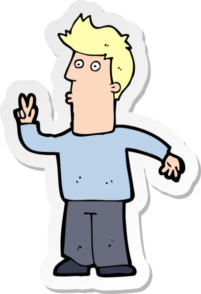 Bir insan tarafından çizilmiş barış işareti veren bir çizgi film karakterinin çıkartması.