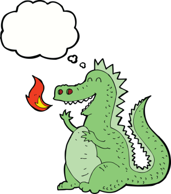 Bir insan tarafından çizilmiş düşünce balonlu ateş püskürten ejderha.