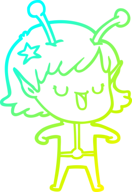 Bir insan tarafından çizilmiş mutlu bir uzaylı kız çizgi filmi.