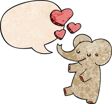 Aşk dolu karikatür fili konuşma baloncuğu ile insan tarafından çizilmiş eski dokular.