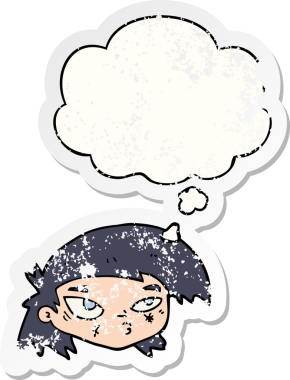 Bir insan tarafından çizilmiş yıpranmış bir çıkartma gibi düşünce baloncuğuyla çizilmiş bir çizgi film.