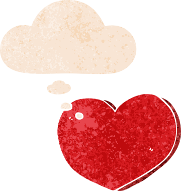 Düşünce baloncuklu karikatür aşk kalbi bir insan tarafından çizilmiş dertli retro stil