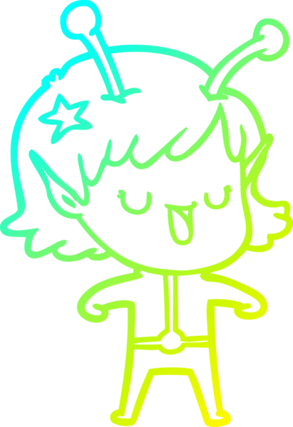 Bir insan tarafından çizilmiş mutlu bir uzaylı kız çizgi filmi.