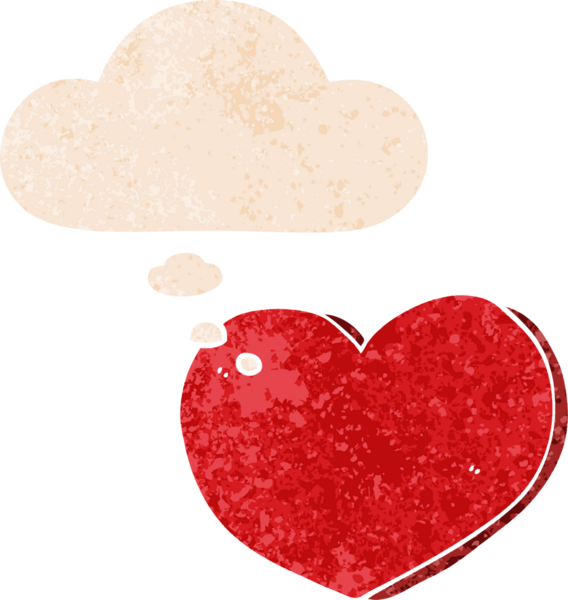 Düşünce baloncuklu karikatür aşk kalbi bir insan tarafından çizilmiş dertli retro stil