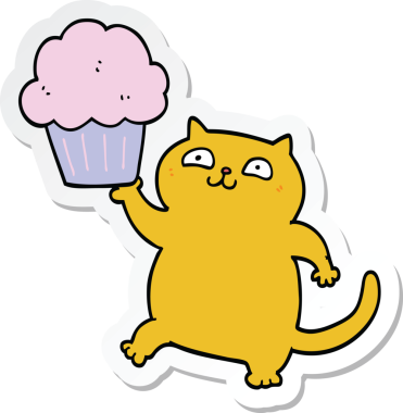 Bir insan tarafından çizilmiş kapkekli çizgi film kedisinin çıkartması.