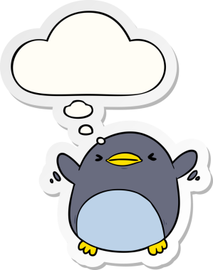 Düşünce baloncuğu insan tarafından çizilmiş bir çıkartma gibi kanat çırpan sevimli penguen.