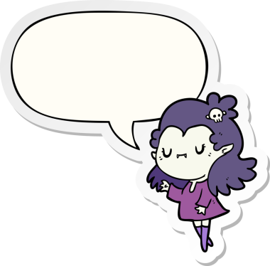 Bir insan tarafından çizilmiş konuşma balonu çıkartmalı şirin vampir kız.