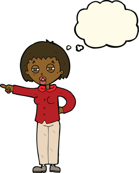 Bir insan tarafından çizilen düşünce baloncuğuyla caka satan çizgi film kadını.