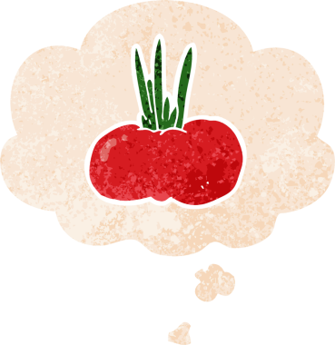 Düşünce baloncuğu ile çizgi film sebzesi grunge sıkıntılı retro doku bir insan tarafından çizilmiş