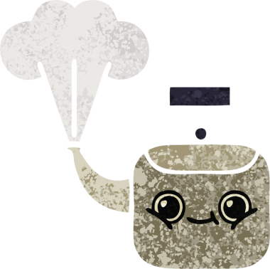 Bir insan tarafından çizilen dumanı tüten bir çaydanlığın retro çizim tarzı karikatürü