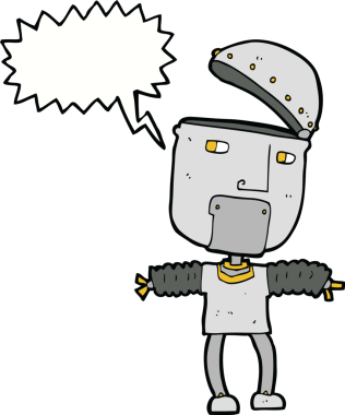 Bir insan tarafından çizilmiş, açık kafalı komik çizgi film robotu.