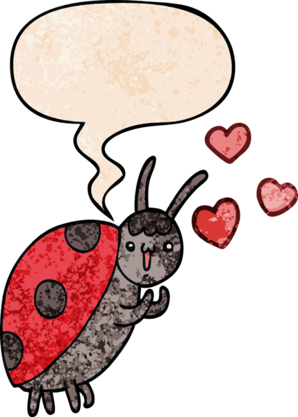 Sevimli çizgi film uğur böceği insan tarafından çizilmiş eski moda konuşma baloncuğuna aşık olmuş.