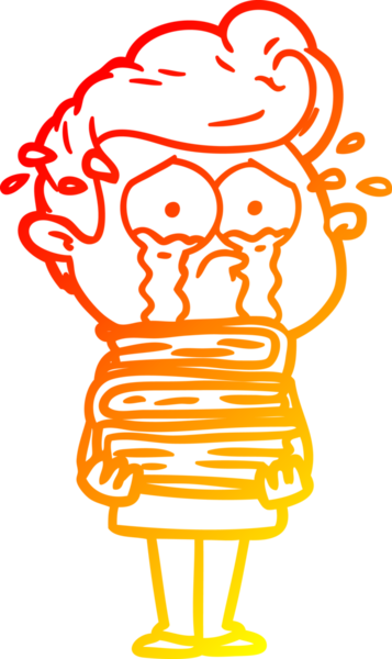 Bir insan tarafından çizilmiş kitap yığınıyla ağlayan bir çizgi film öğrencisinin sıcak gradyan çizimi