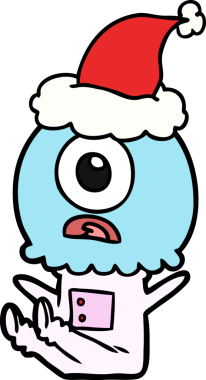 Bir insan tarafından çizilmiş Noel Baba şapkası giyen bir Tepegöz uzaylı uzay adamı çizimi.