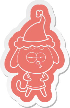 Bir insan tarafından çizilmiş Noel Baba şapkası takan sıkılmış bir köpeğin garip çizgi film çıkartması.