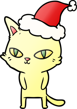 Bir insanın çizdiği Noel Baba şapkası takan parlak gözlü bir kedinin el çizimi karikatürü.