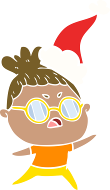 Bir insan tarafından çizilmiş Noel Baba şapkası giyen rahatsız bir kadının düz renkli çizimi.