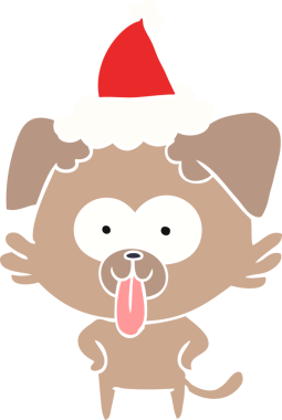 Bir insan tarafından çizilmiş Noel Baba şapkası giymiş, dili dışarı çıkmış bir köpeğin düz renkli çizimi.