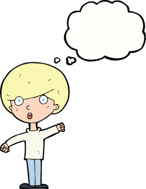 Bir insan tarafından çizilmiş düşünce balonuyla şok olmuş bir çocuk.