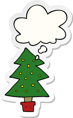 Düşünce baloncuğu insan tarafından çizilmiş bir çıkartma olan karikatür Noel ağacı.