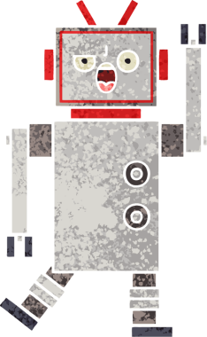 Bir insan tarafından çizilmiş kızgın bir robotun retro çizim tarzı karikatürü