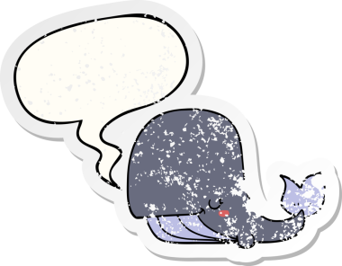 Konuşma baloncuğu olan karikatür balinası bir insan tarafından çizilmiş sıkıntılı eski bir çıkartma